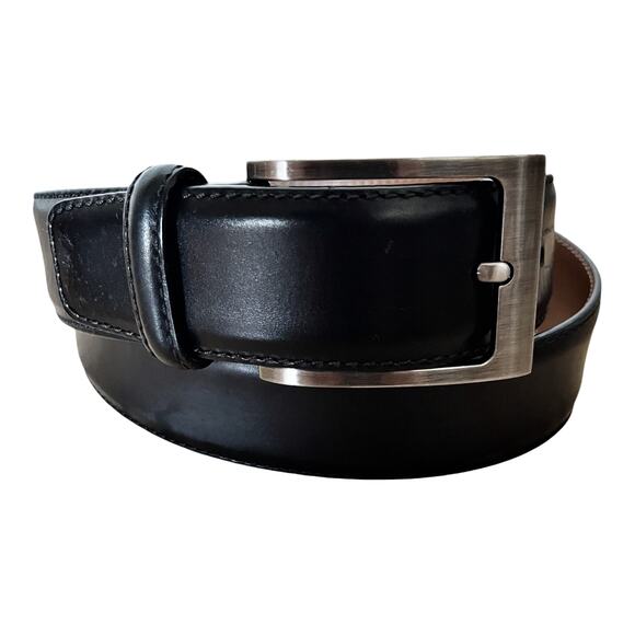 MAGNANNI Square Genuine Leather Belt Black Spain Silver Buckle Style 1278 Sz 32 - Picture 1 of 9